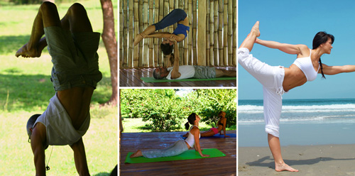 men and women doing yoga in different locations