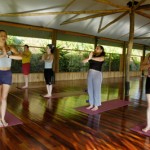 group of practitioners doing yoga on a wooden deck